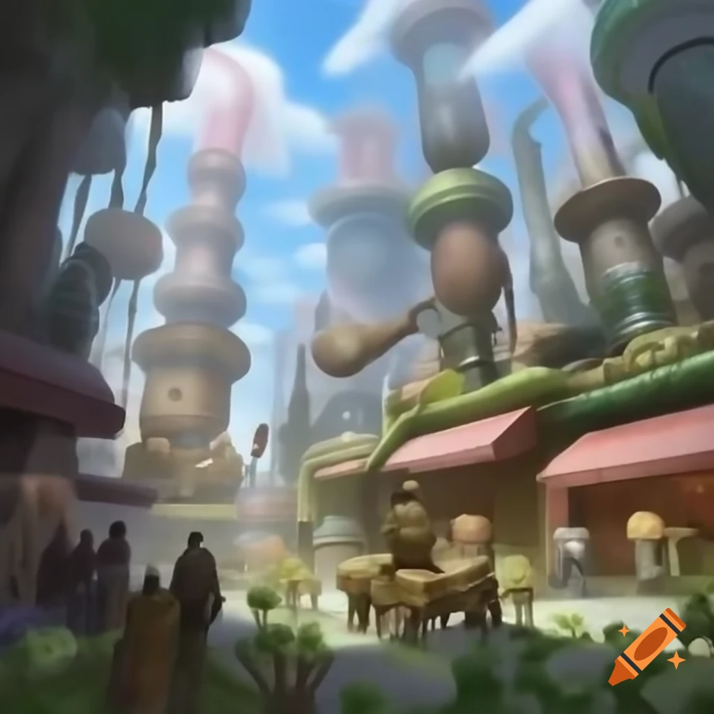 Pastel-colored steampunk cityscape with surreal brass and copper structures