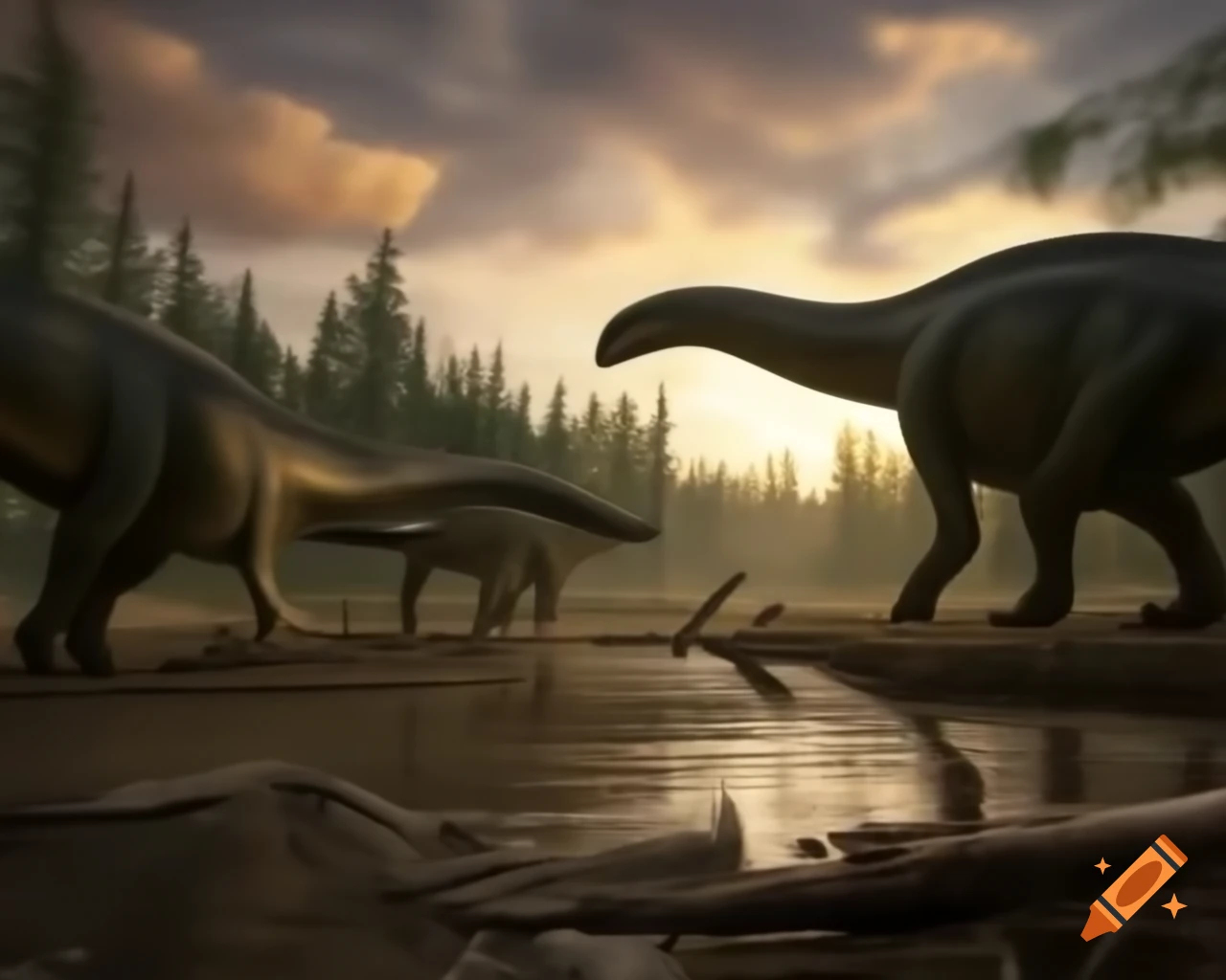 Striped Hadrosaurus roaming near stream in British Columbia during golden hour