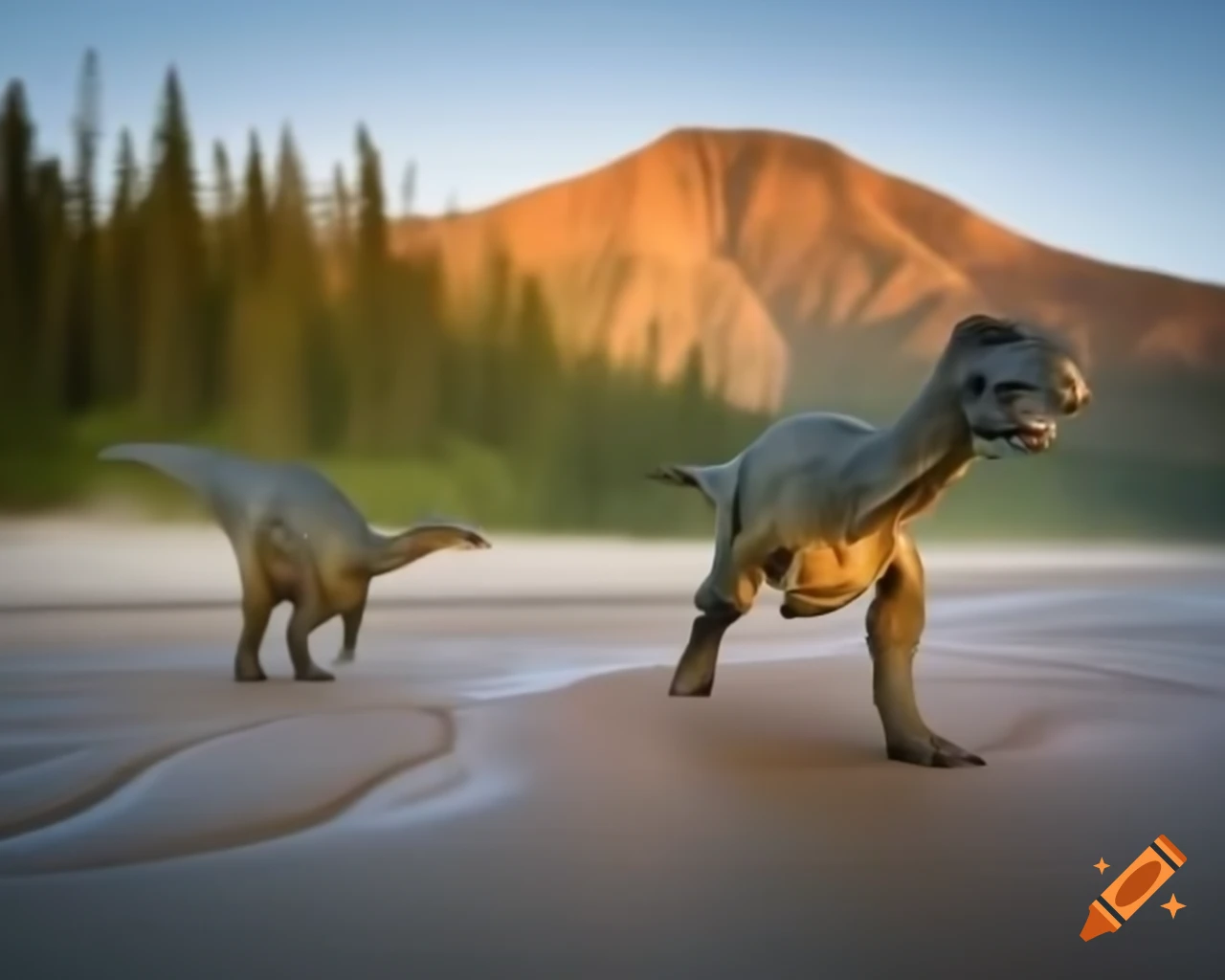 Two Stegosaurus in foreground with Diplodocus moving toward forest on sandy beach