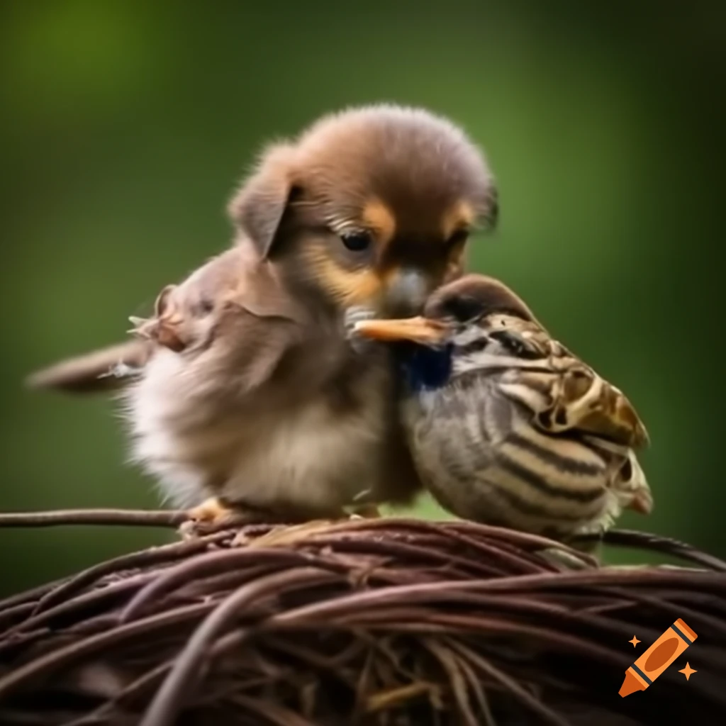 Puppy playing with a sparrow