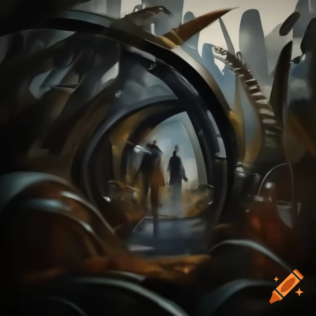 Abstract art of futuristic time travelers in Garden of Eden with exotic flora and fauna