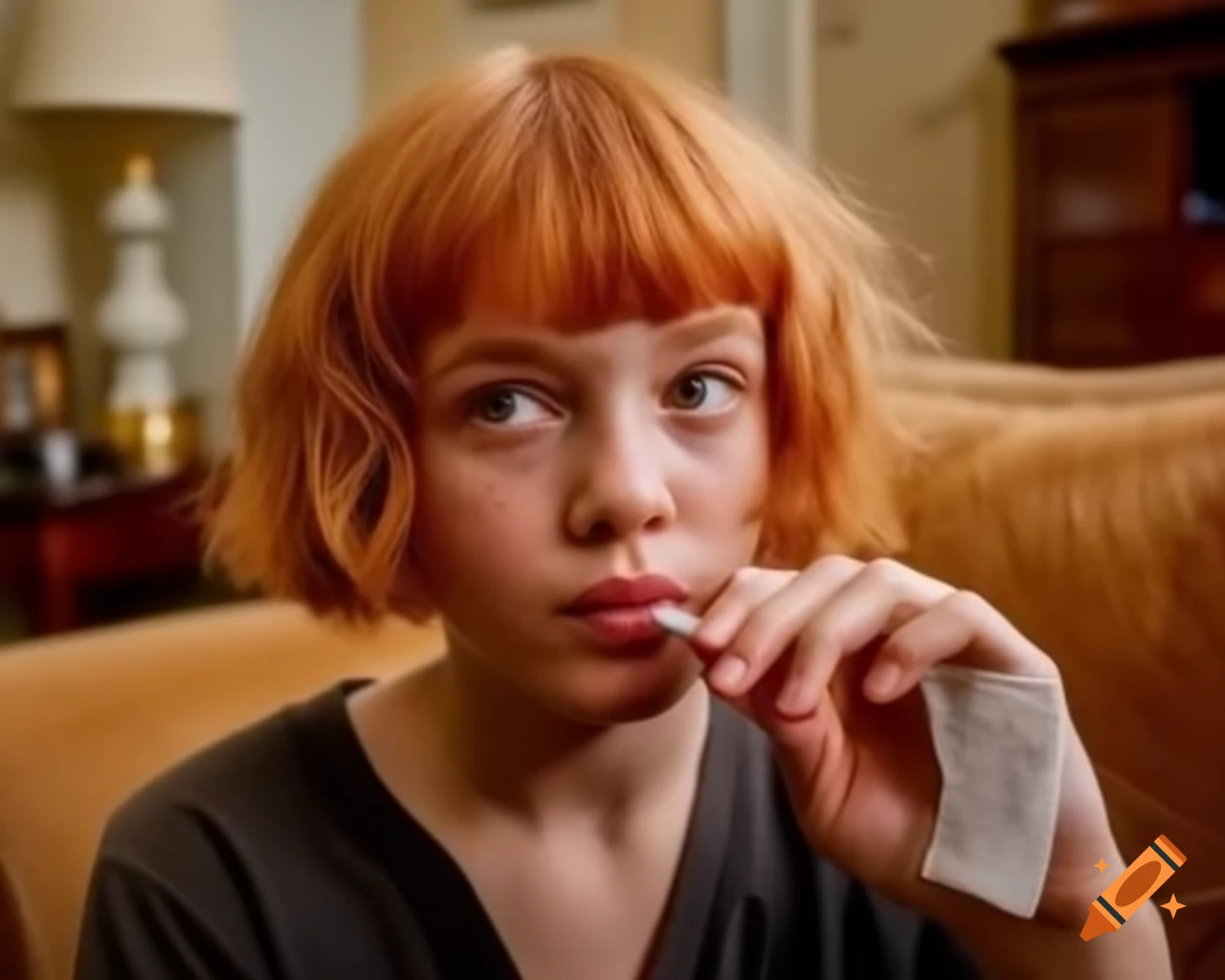 Bored policewoman at crime scene in dusty living room, ginger hair with messy bob hairstyle, smoking