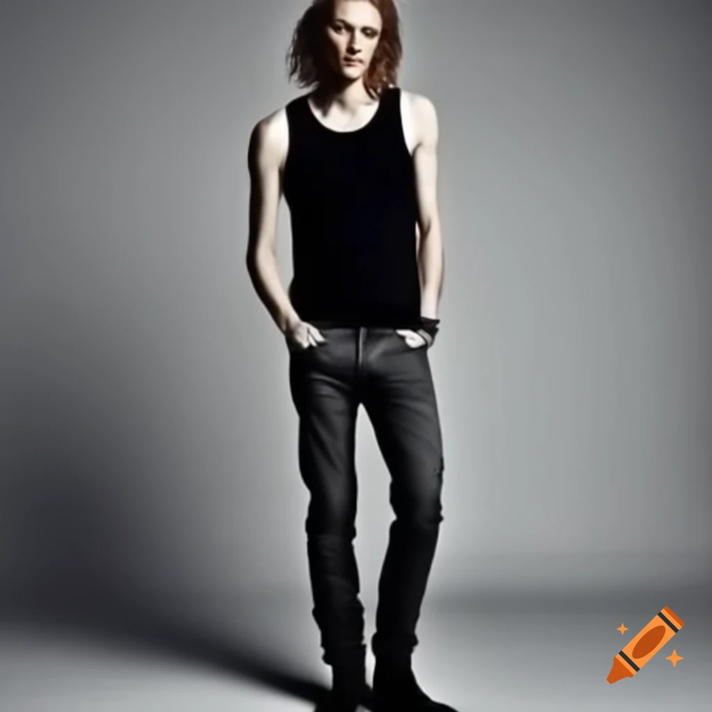 Jamie Campbell Bower in black tank top, dark gray jeans, and black boots