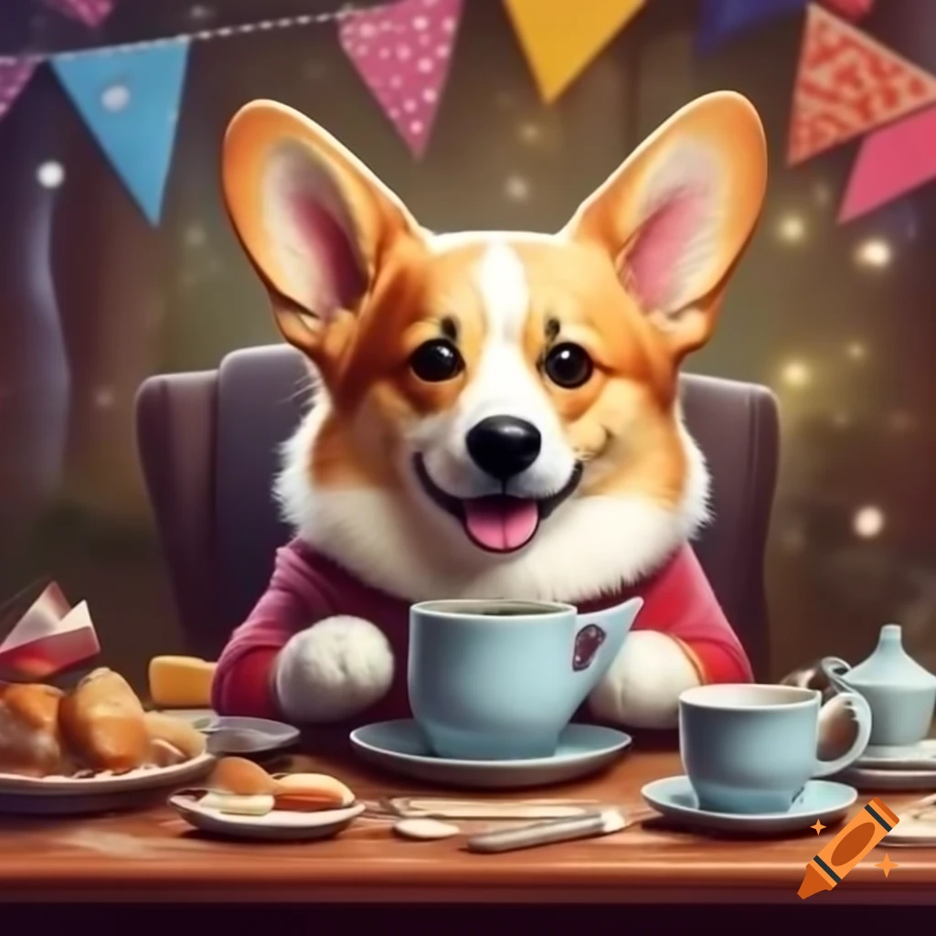 Corgis enjoying a whimsical tea party