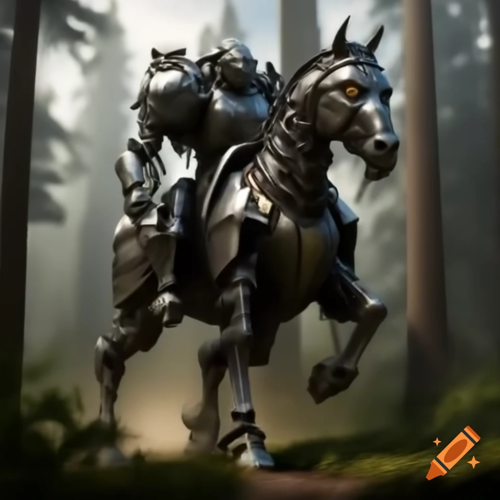 Black armored robot knight riding horse in forest