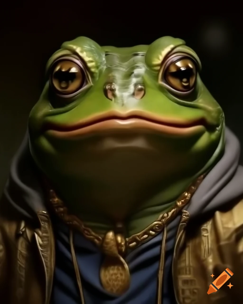 Close-up of anthropomorphic frog in gold jacket and accessories with serious expression