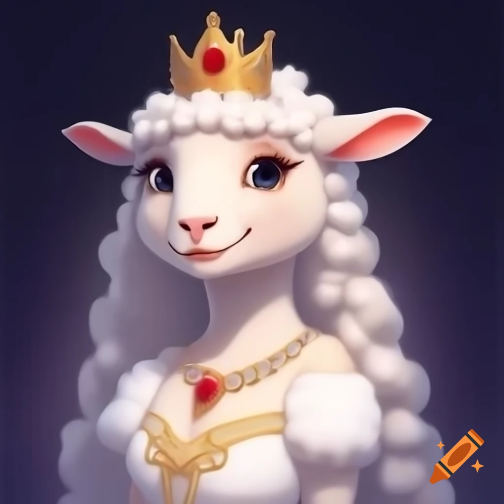 Anime-style anthro sheep girl princess in fancy dress with tiara and jewelry