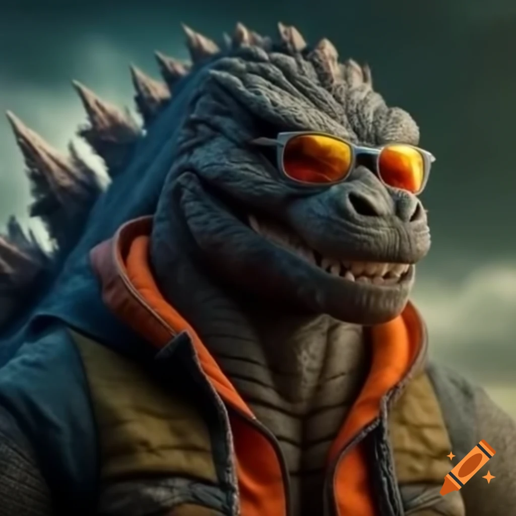 Godzilla wearing jeans, an orange vest, and sunglasses in full body profile