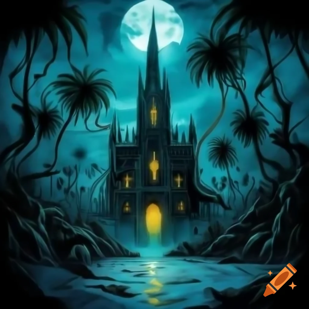 Gothic-inspired ink illustration of a moonlit beach with skeletal palm trees