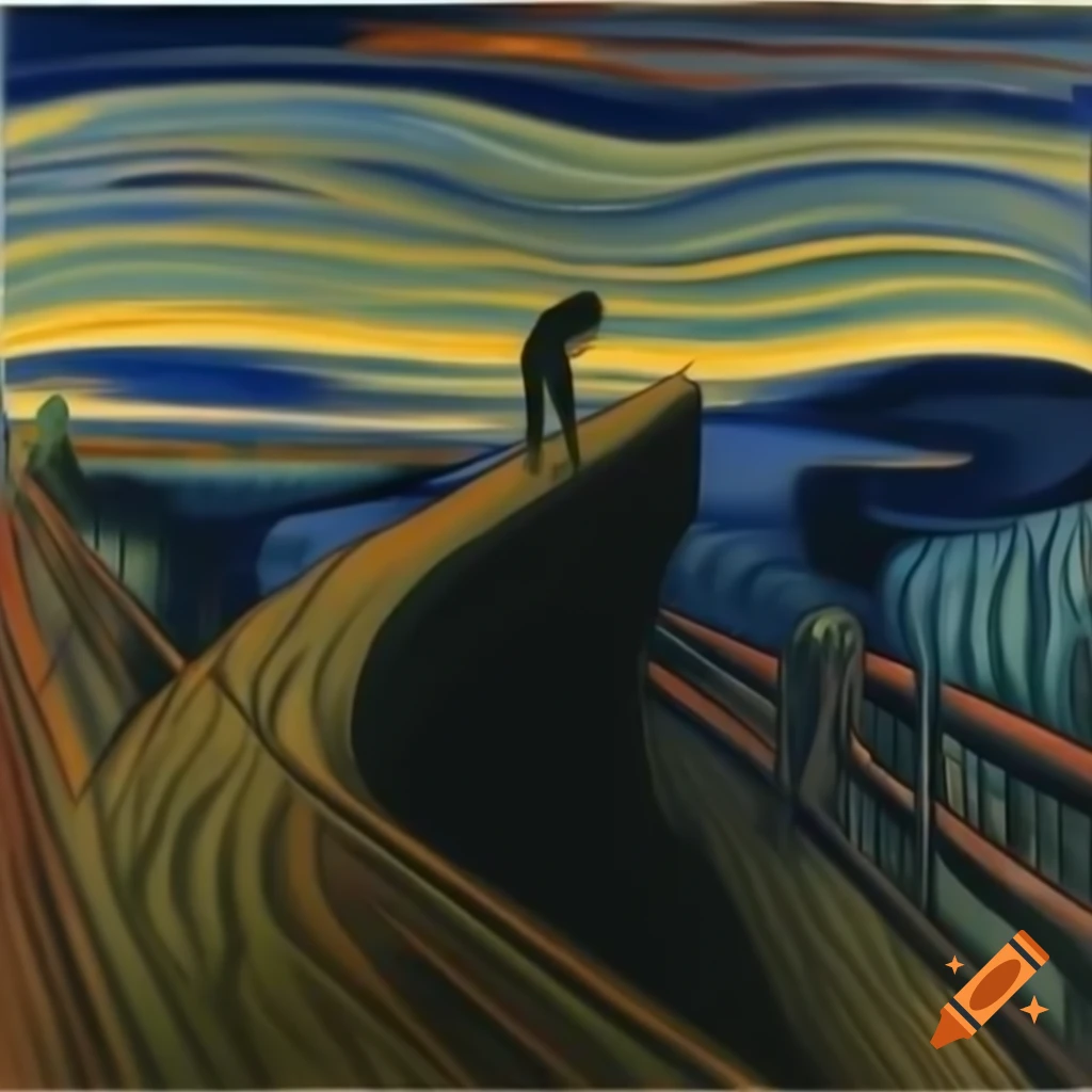 Man pushing heavy boulder up ramp with stormy sky, inspired by Edvard Munch's style