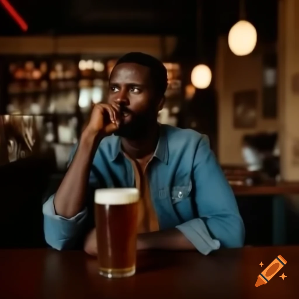 Ethiopian man contemplating addiction at bar with beer