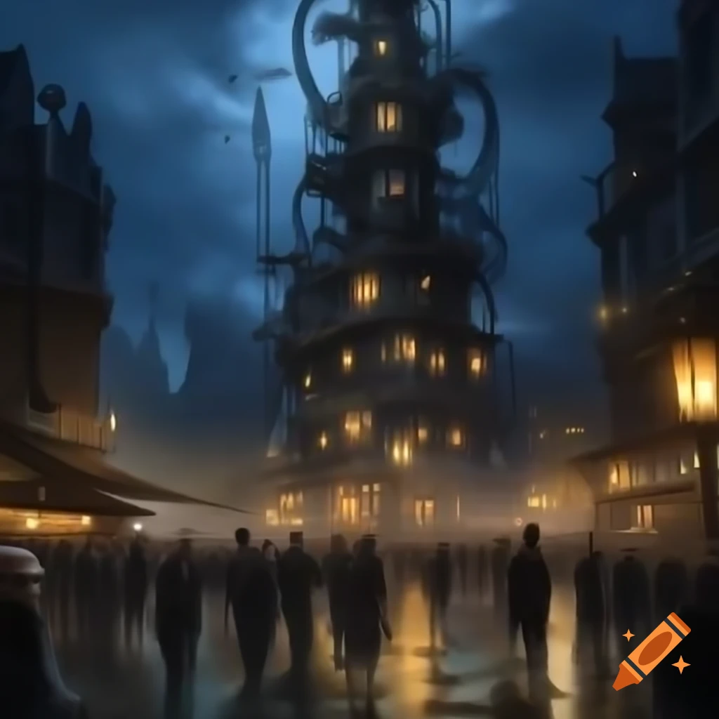 Bustling steampunk metropolis at twilight with clockwork structures and Victorian architecture
