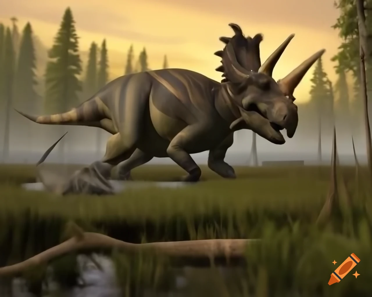 Protoceratops crossing marsh with driftwood under golden hour sunlight in British Columbia