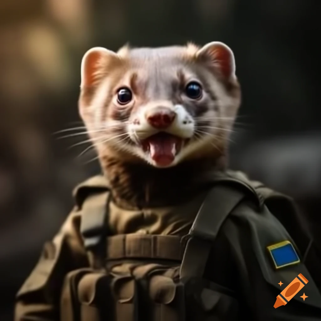 European weasel in Ukrainian military uniform, joyful expression