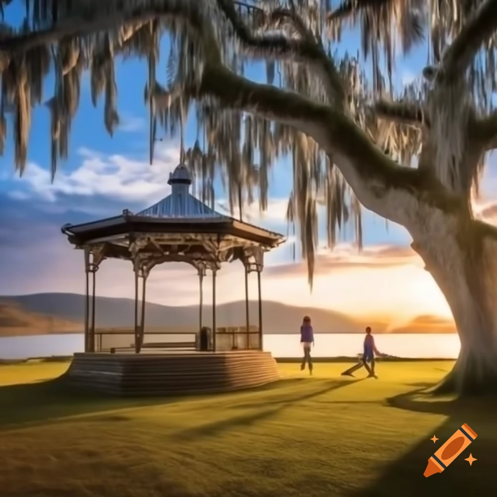Silhouettes of young man and woman in gazebo near ancient oak tree with Spanish moss