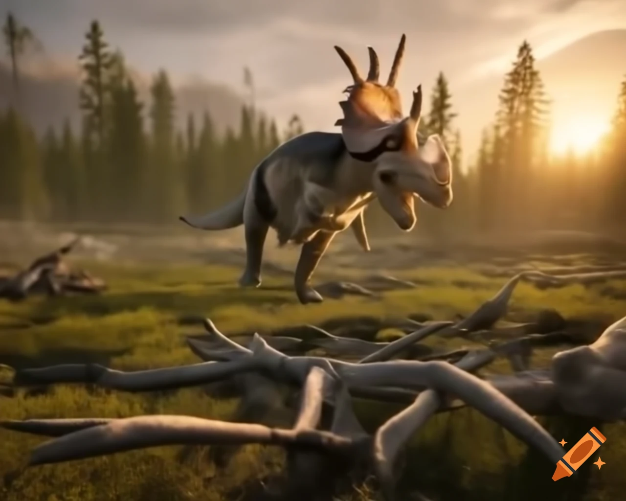 Herd of protoceratops crossing moorland during golden hour in British Columbia