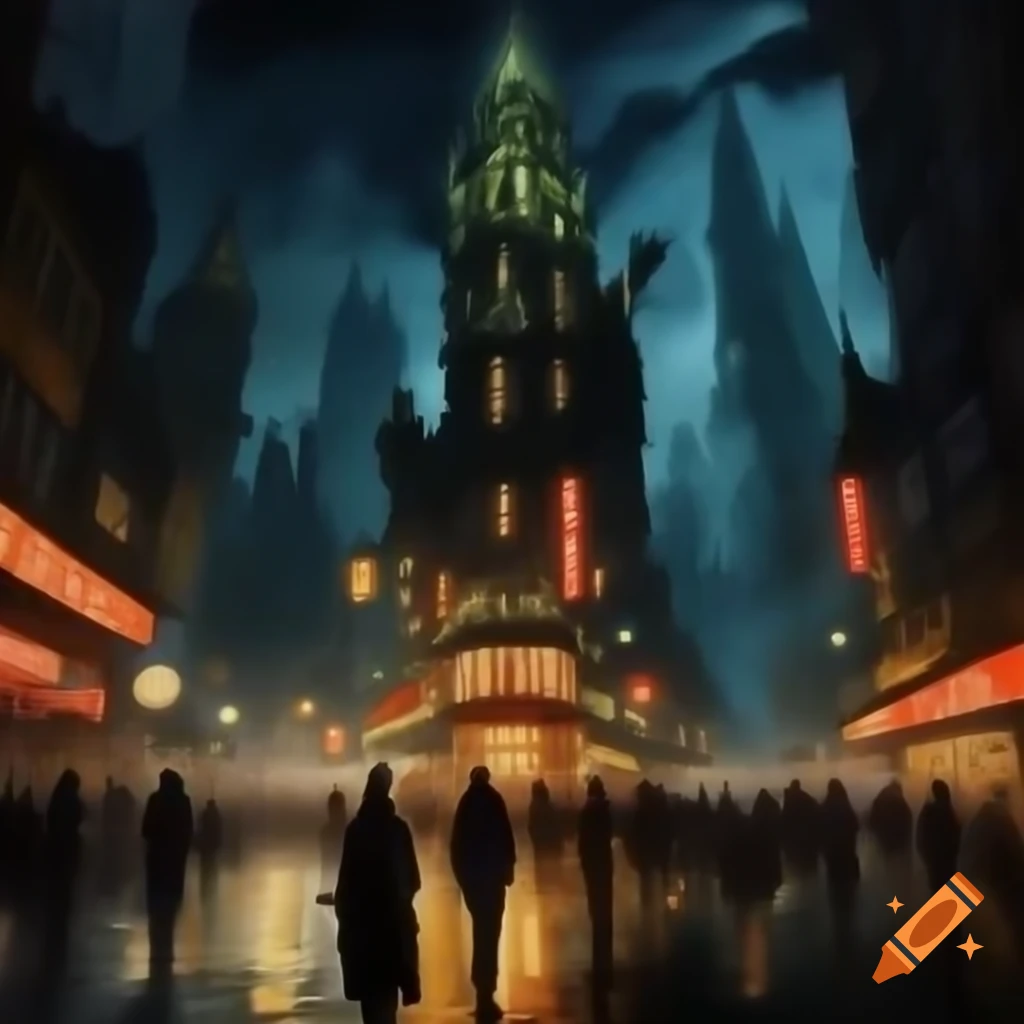 Acrylic painting depicting gothic urban life with towering skyscrapers at night
