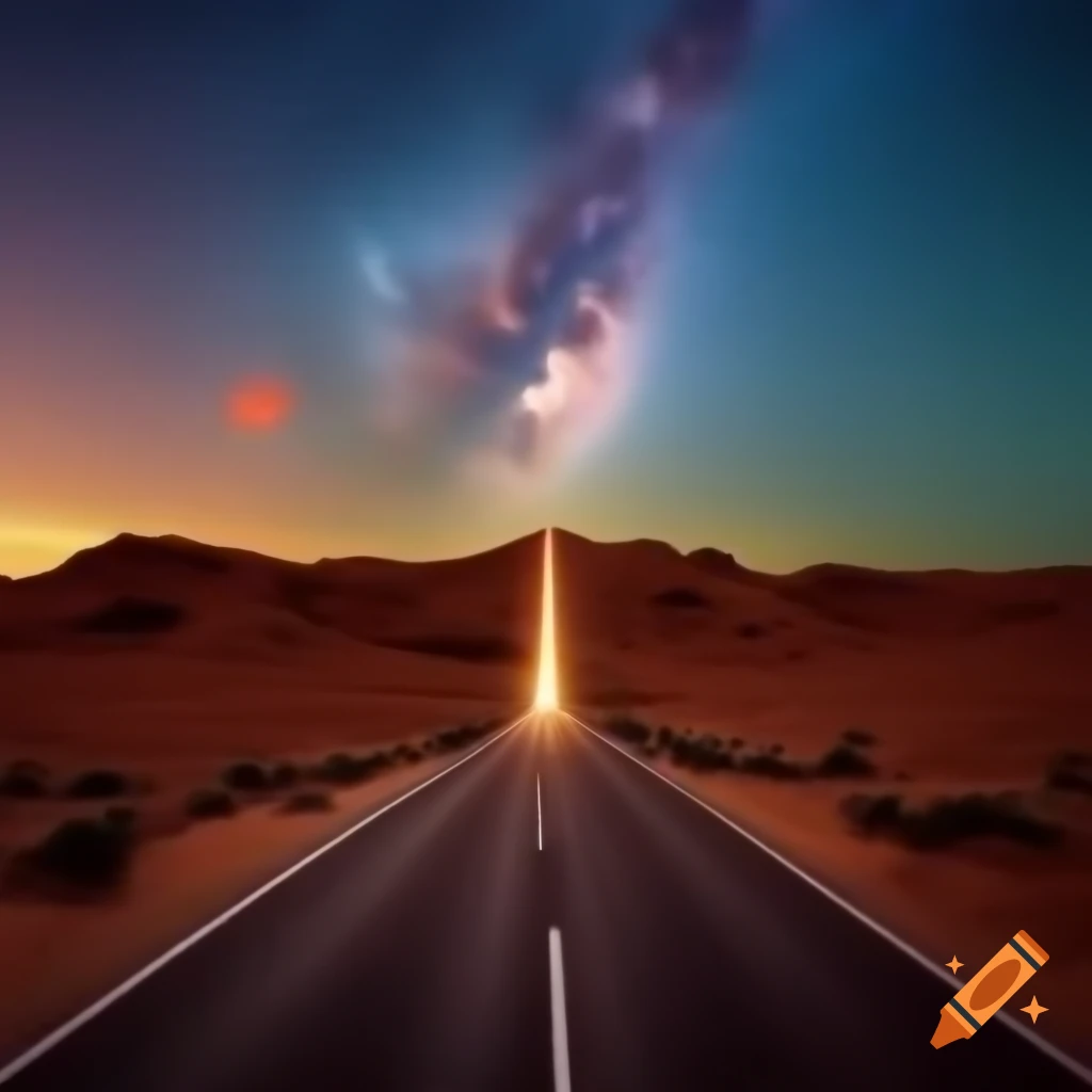Deserted road at sunset with footprints suggesting a distant destination