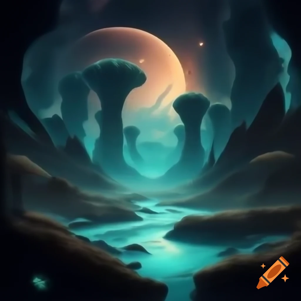 Alien landscape on planet Eldoria with towering bioluminescent plants