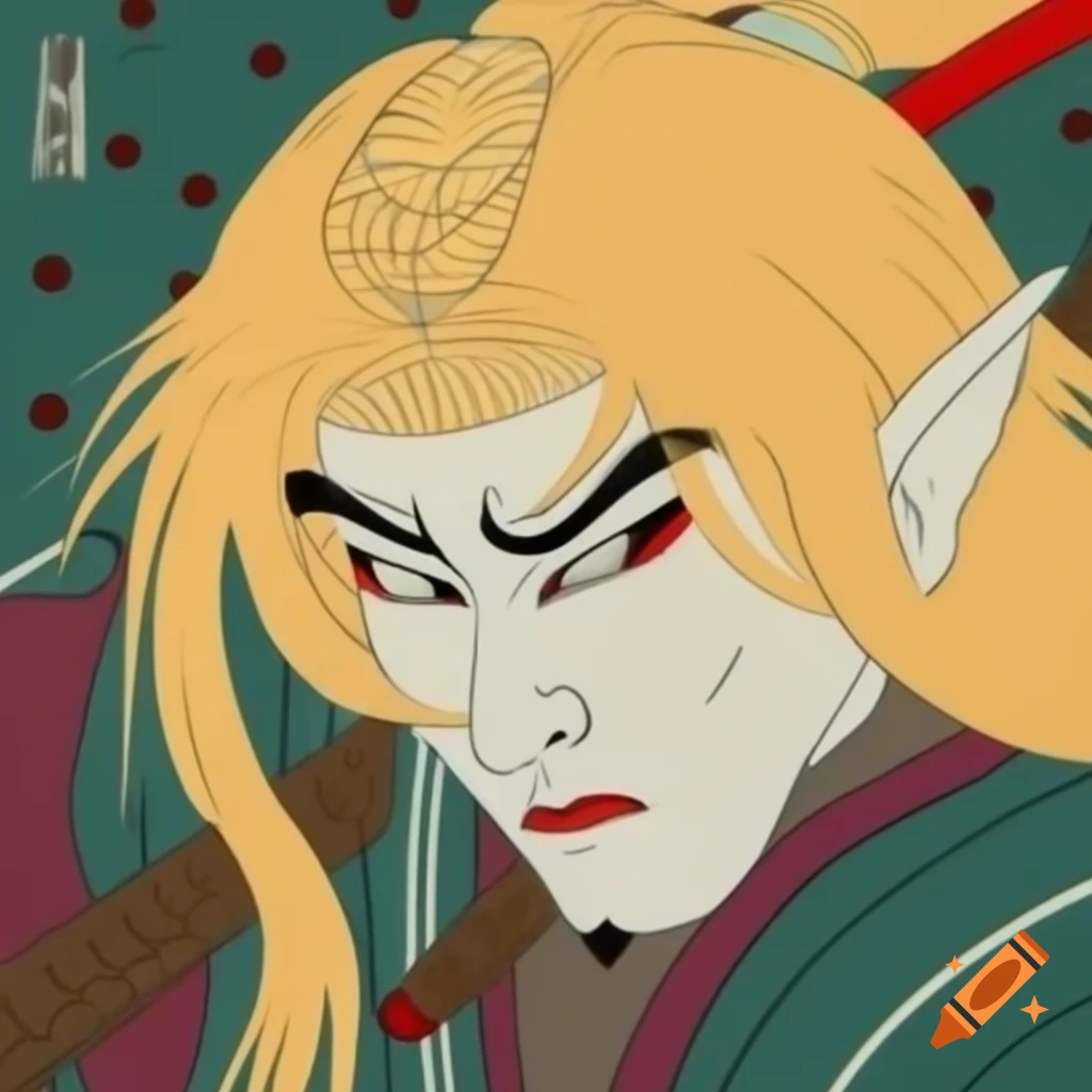 Ukiyo-e woodblock print of a blonde elf samurai portrait