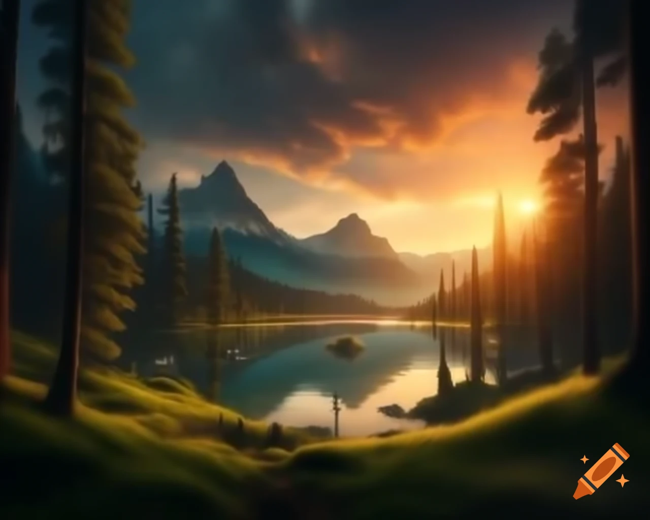 Surreal fantasy scene of an orange monster in a forest by a lake at sunset
