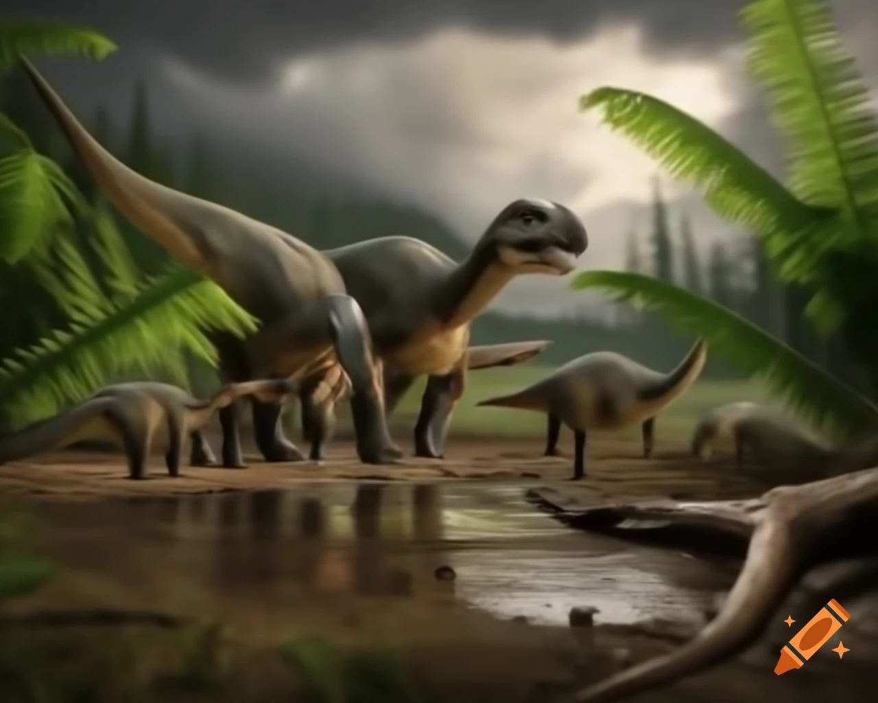 Striped Hadrosaurus roaming along a stream in British Columbia mudflat
