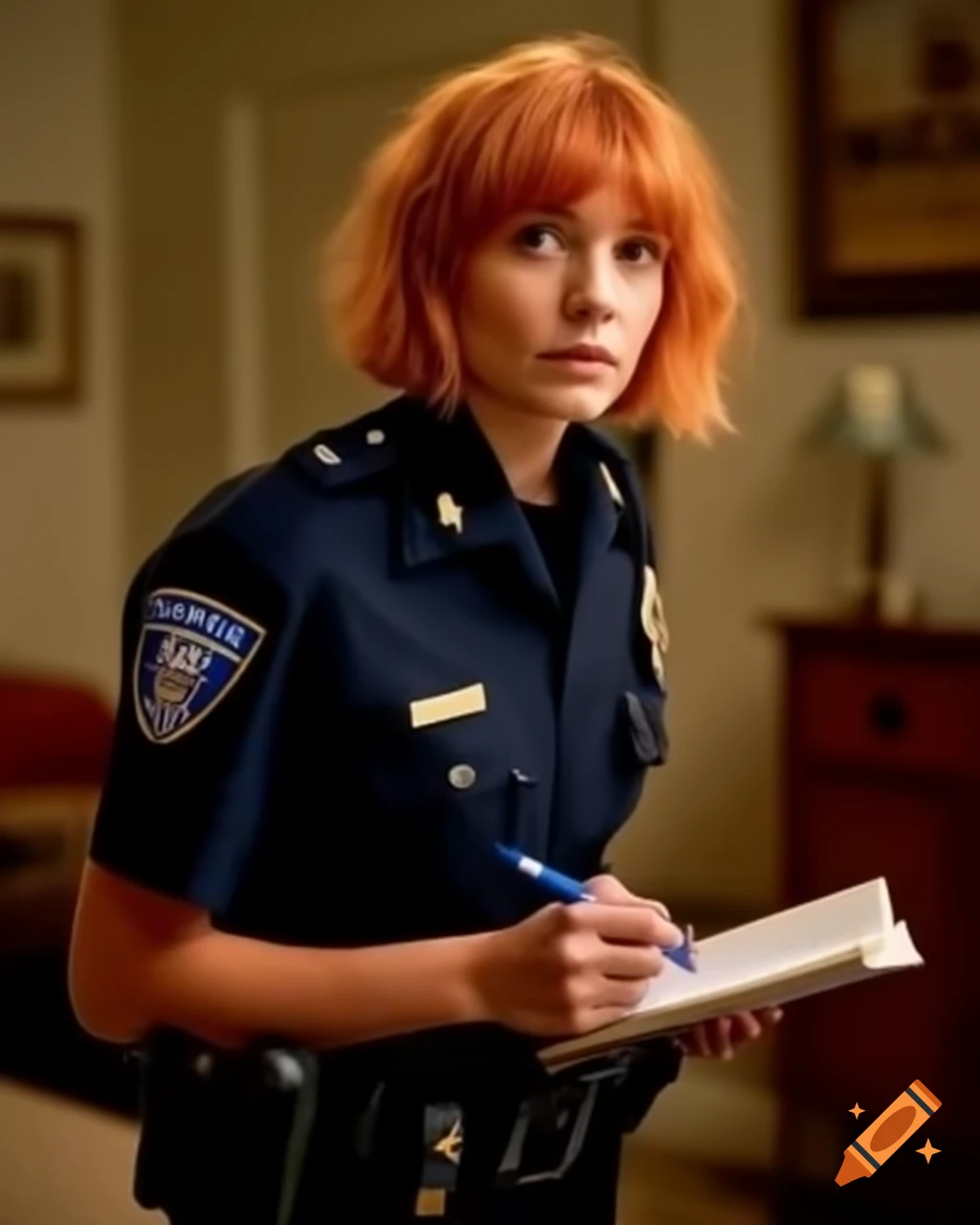 French female police officer taking notes at crime scene in living room