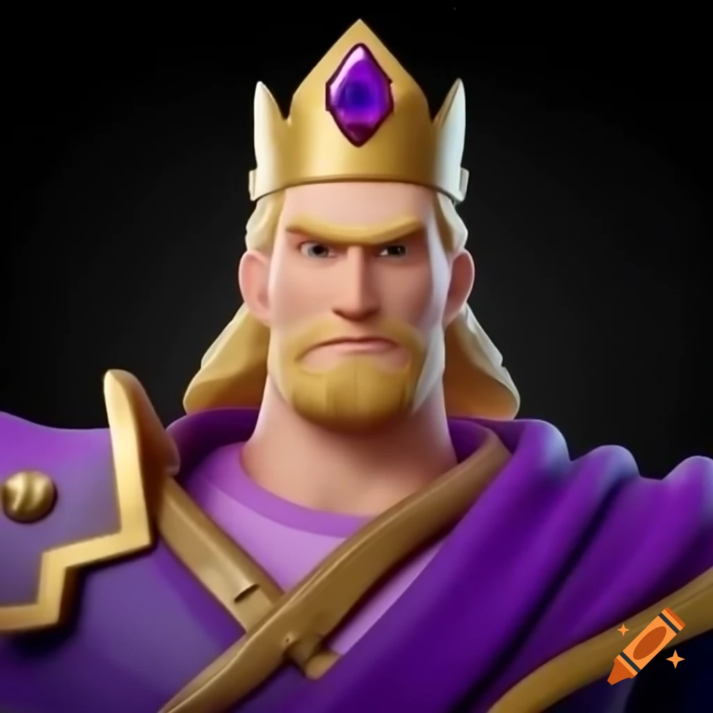 Blonde man dressed as a king in purple attire with gem crown, video game style