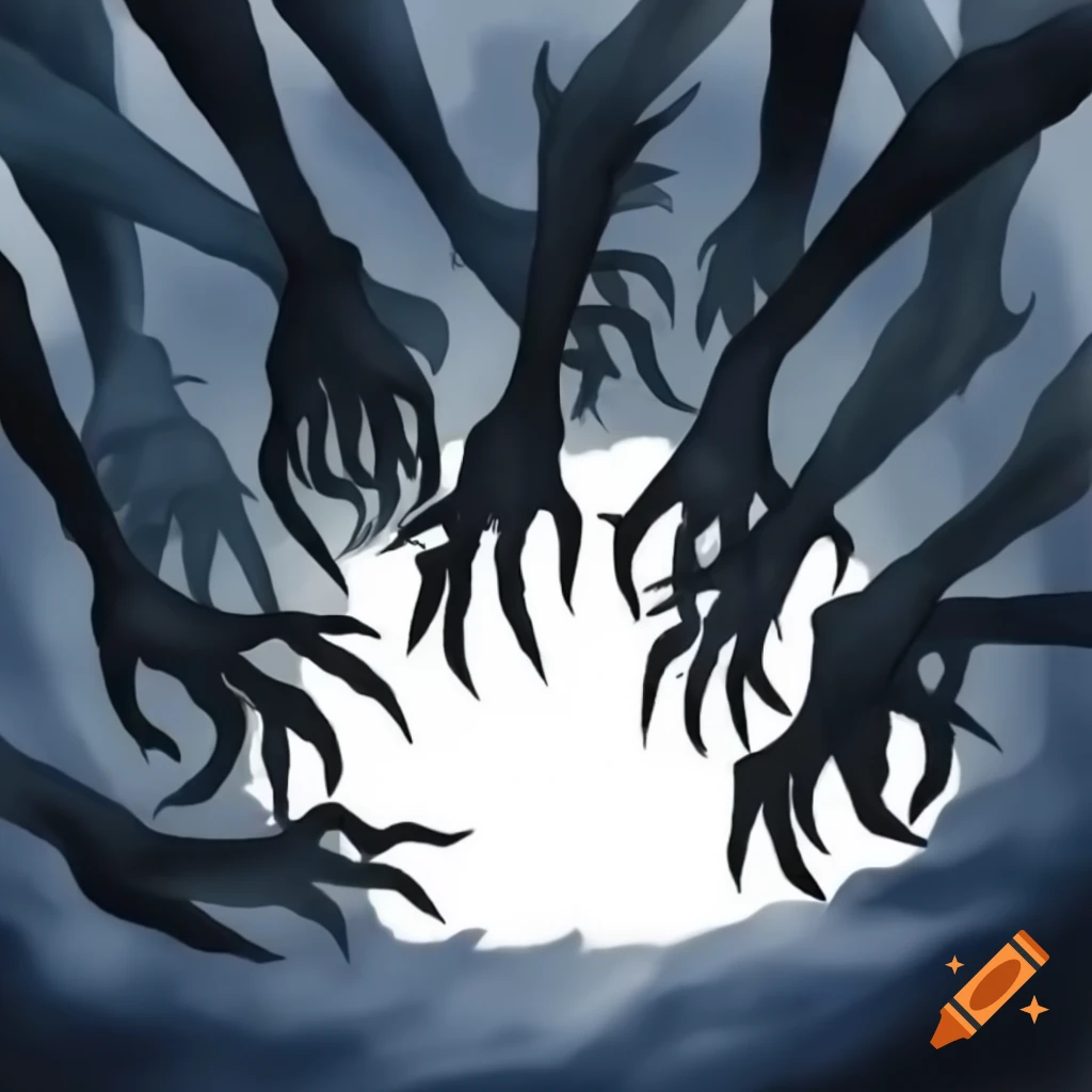 Silhouette of dark monster hands reaching through a hole in watercolor style