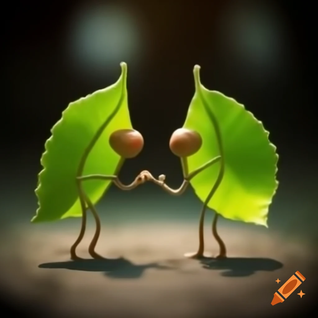 Two miniature leaves dancing together in a vibrant atmosphere