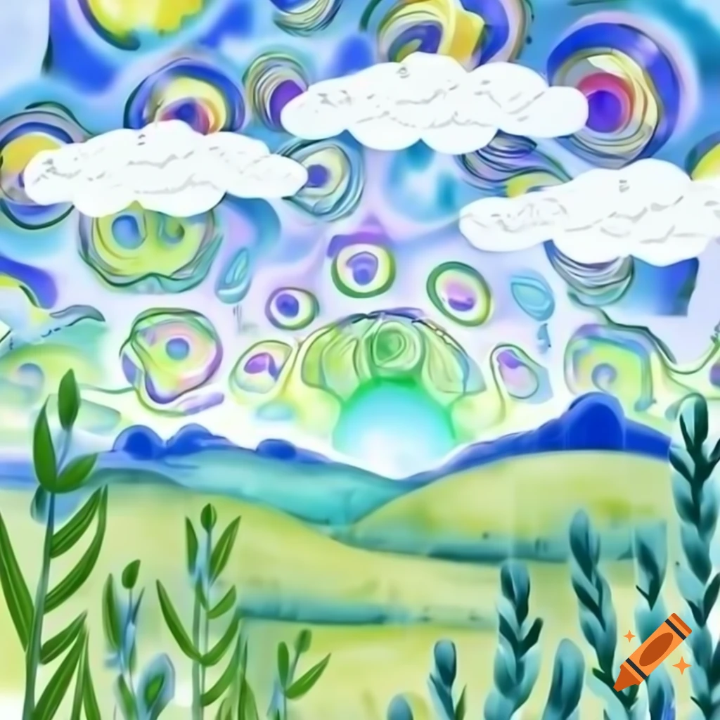 Impressionist prairie landscape with psychedelic background and flying cow