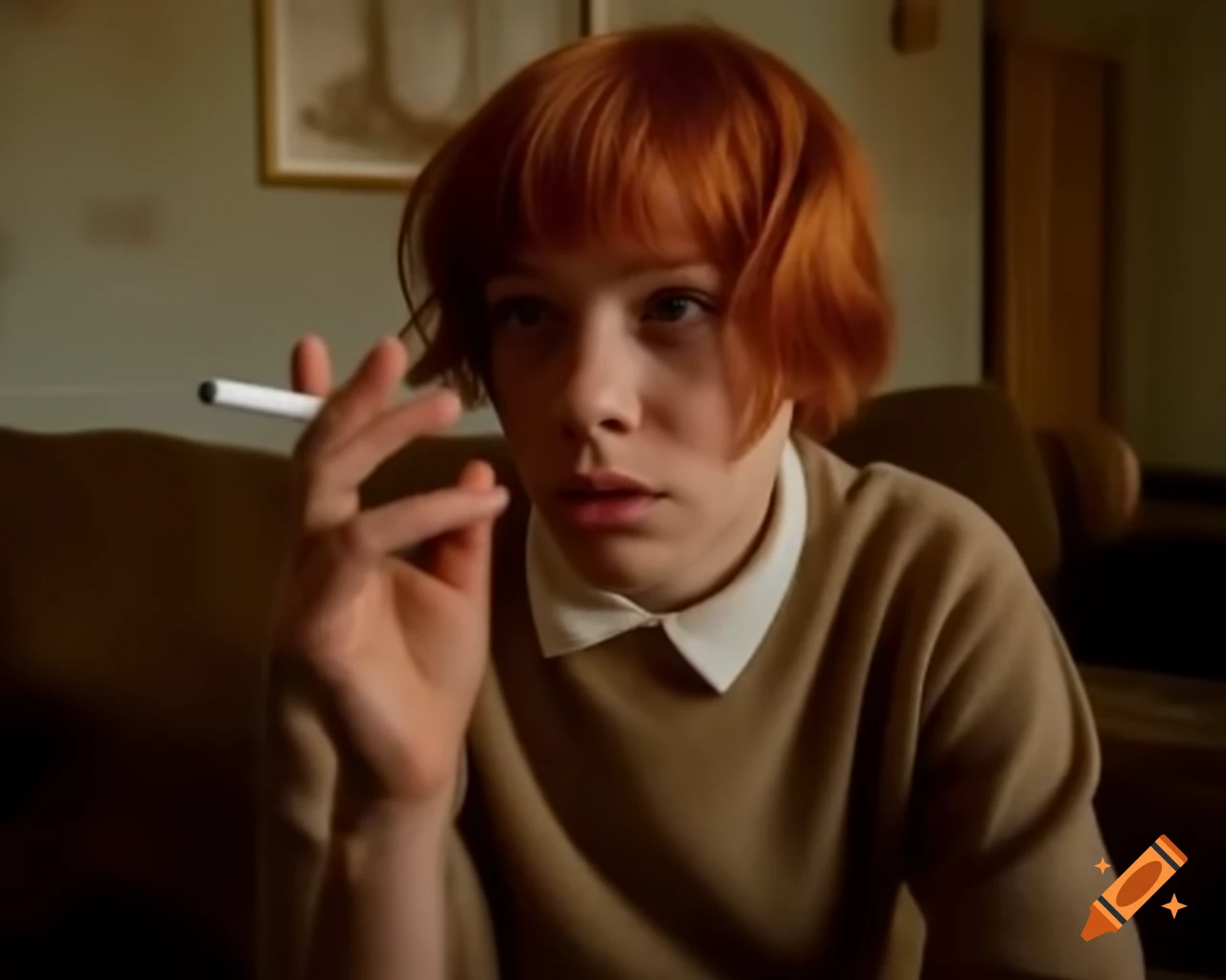 Young policewoman with ginger messy bob hairstyle at crime scene in dusty living room