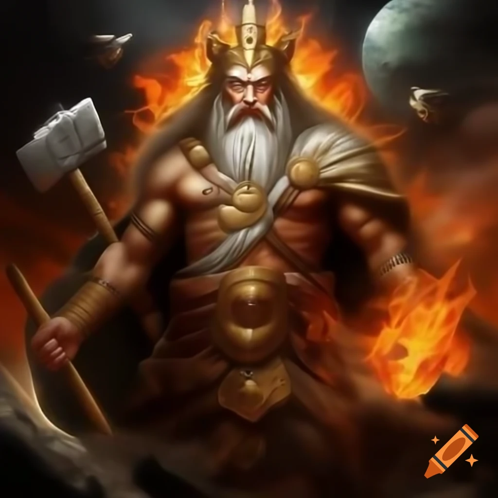 Swarog, ancient Slavic god of fire, depicted as creator of Earth with a mighty hammer
