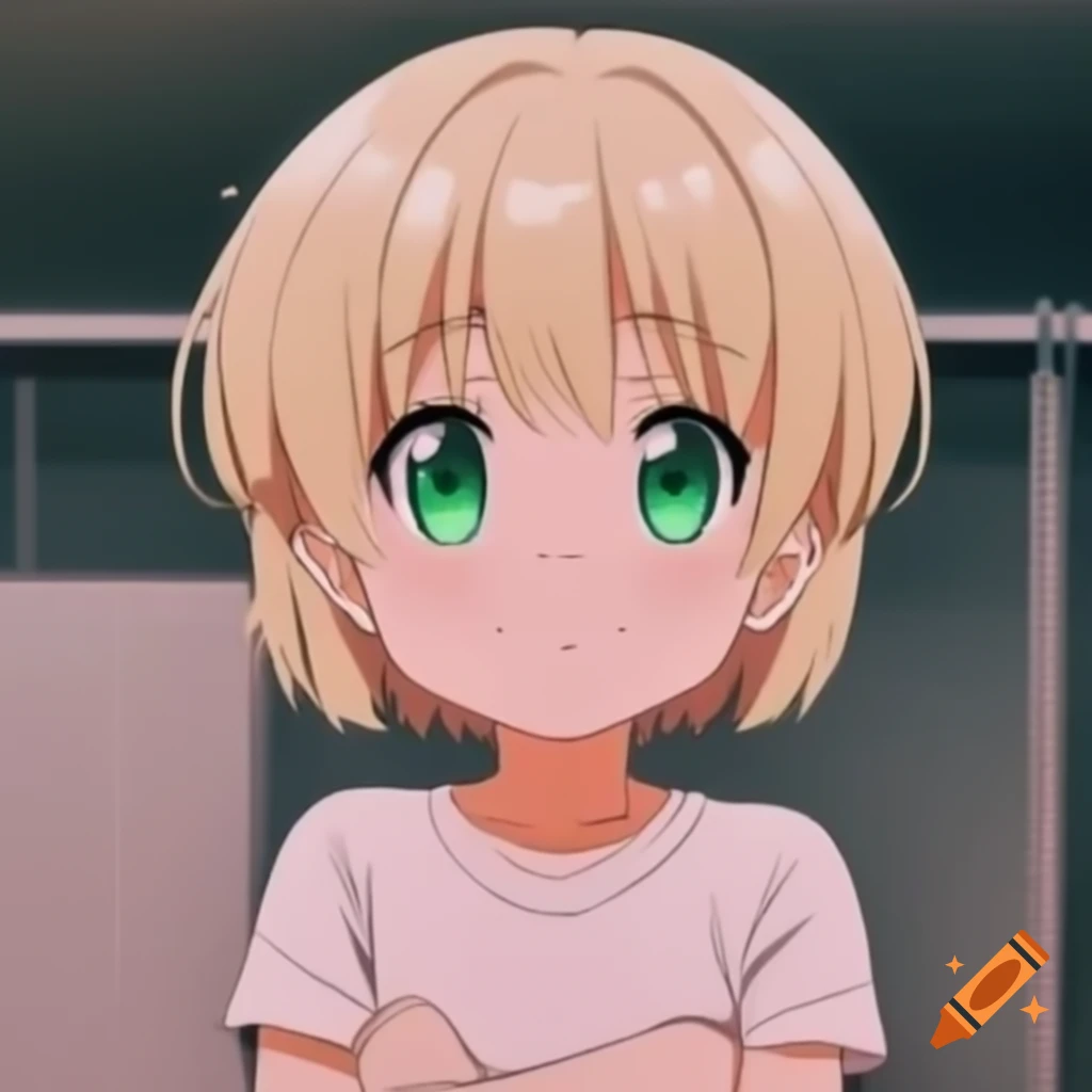 Anime girl with blonde hair and dark green eyes in light pink t-shirt