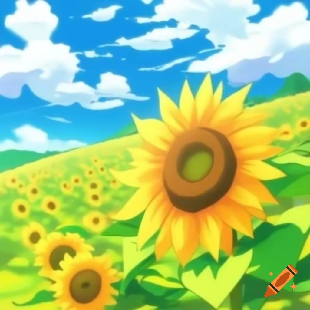 Anime scenery featuring sunflowers in summer