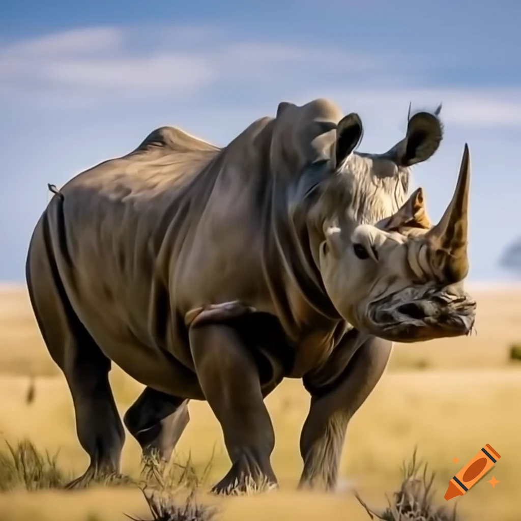 Black rhino standing in grassy landscape
