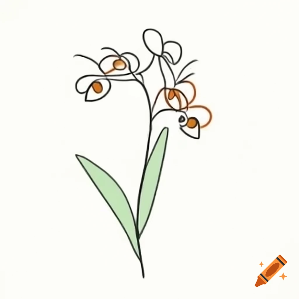 Minimalist black line drawing of orchids and leaves with orange and green accents