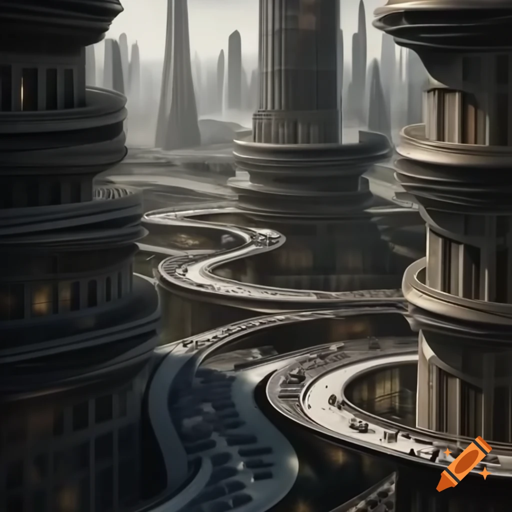 Futuristic cityscape with intricate skyscrapers in baroque style