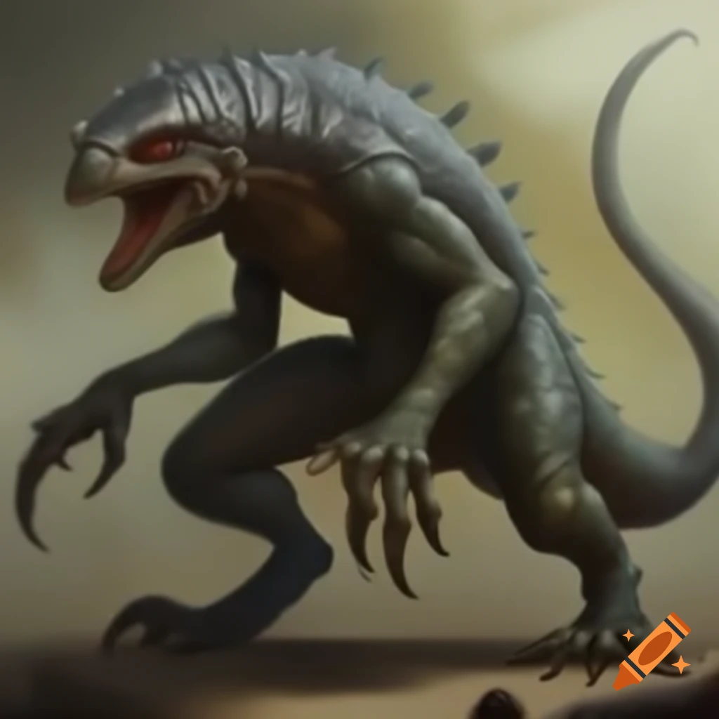 Realistic depiction of a large reptilian beast with four legs and a tail