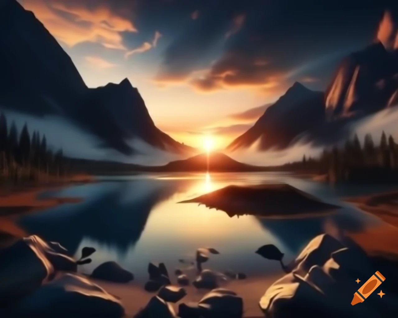 Photorealistic 3D render of mountain lake at sunset with sun rays and island