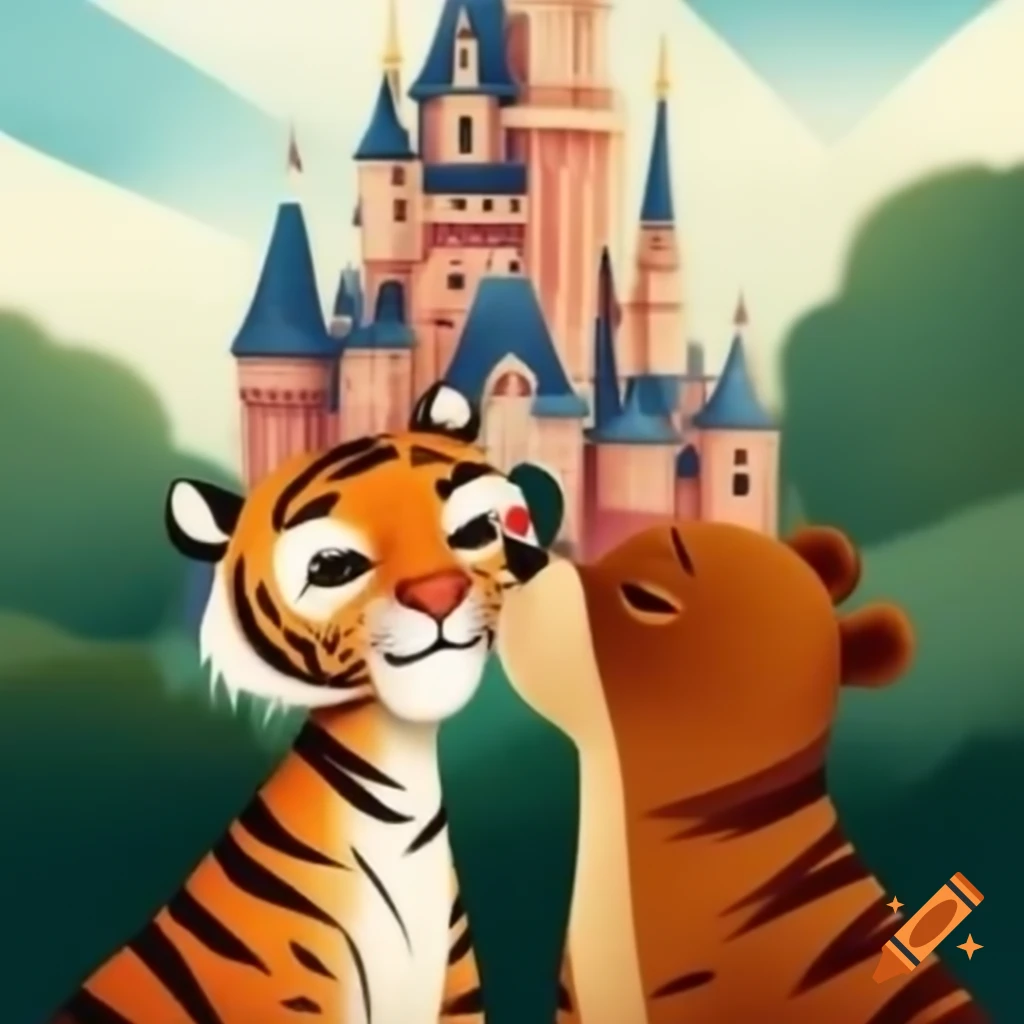 Tiger and bear affectionately interacting in front of a castle