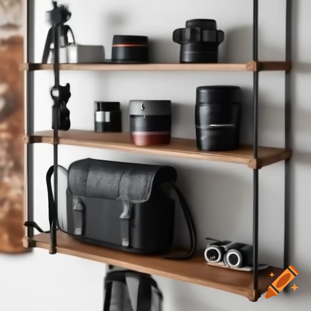 Photography equipment including cameras, lenses, and accessories on shelves