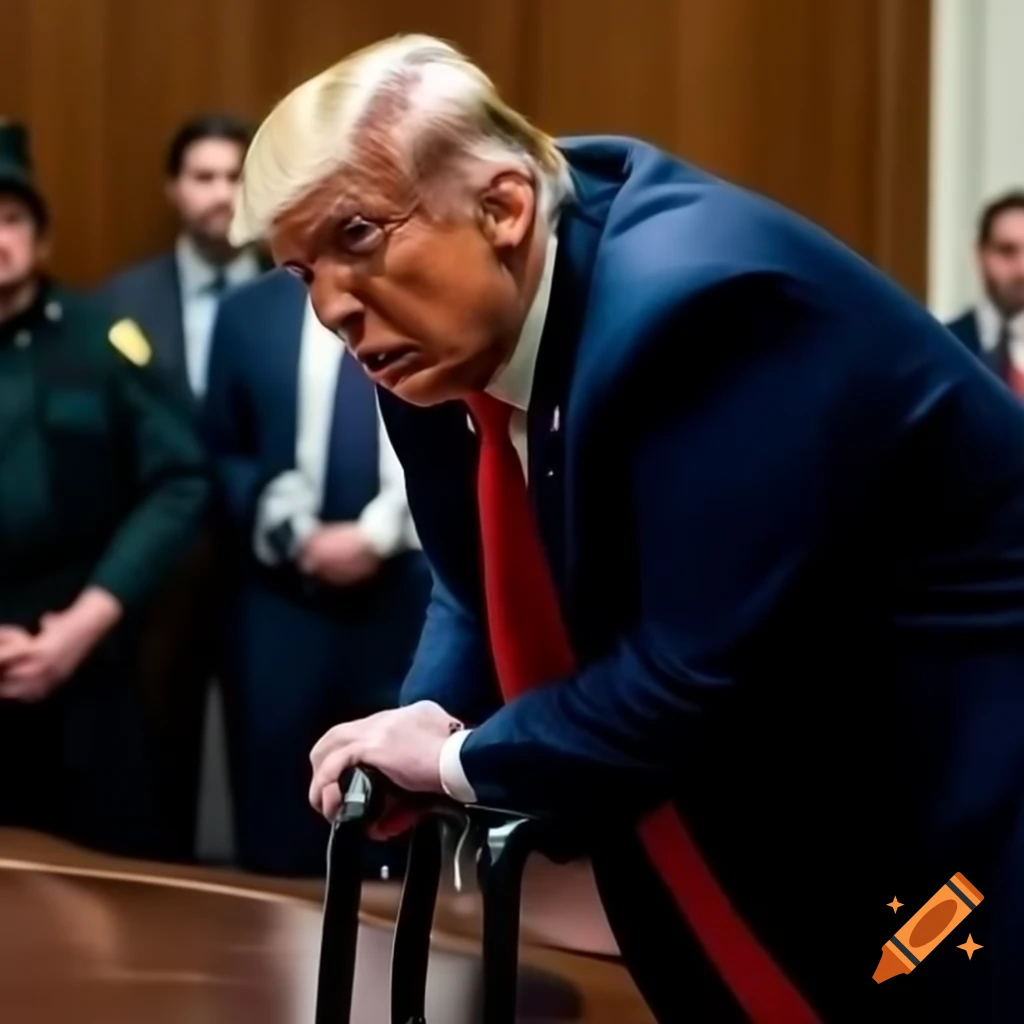 Satirical depiction of Donald Trump as Harvey Weinstein using a walker in court