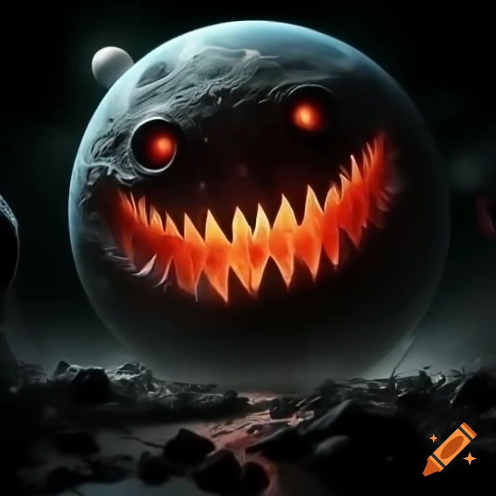Giant spherical monster with glowing red surface and sharp teeth
