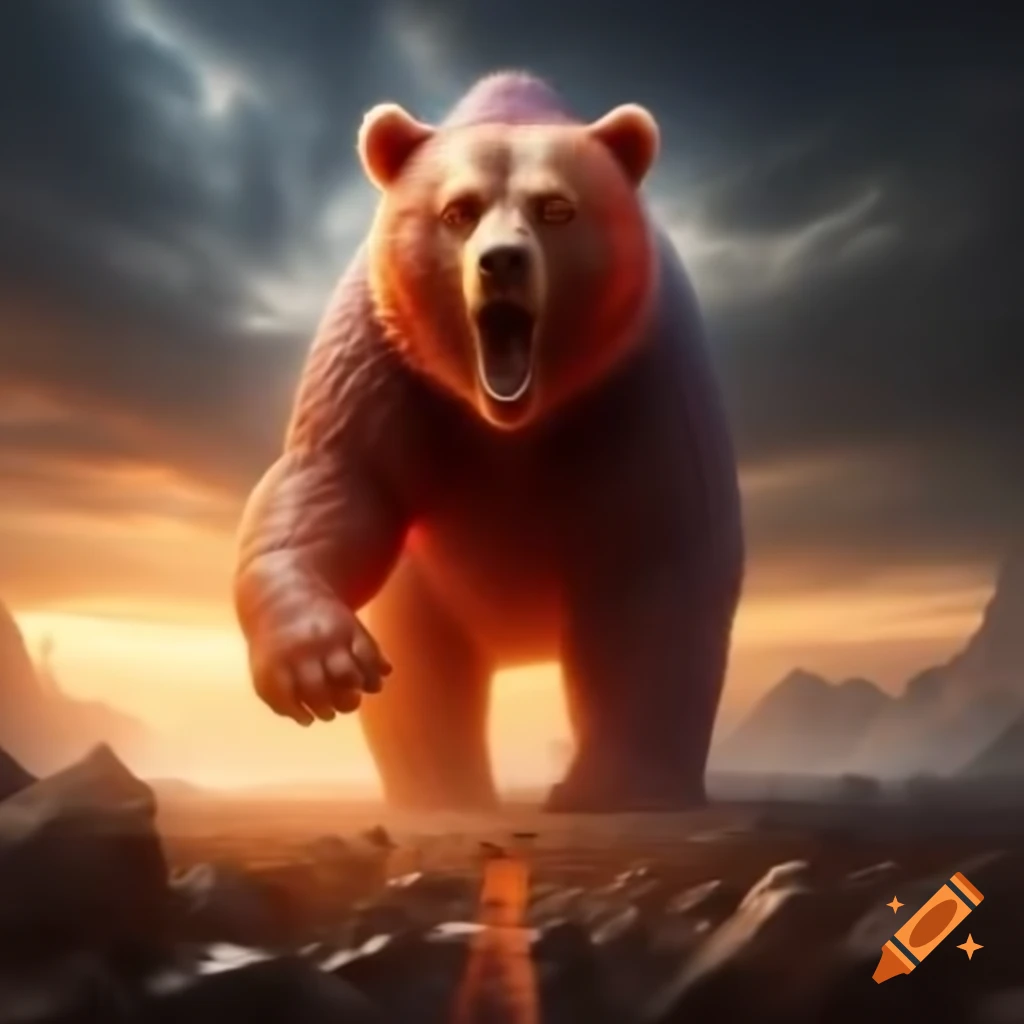 Surreal scene of expanding colossal Gummy Bear in apocalyptic setting