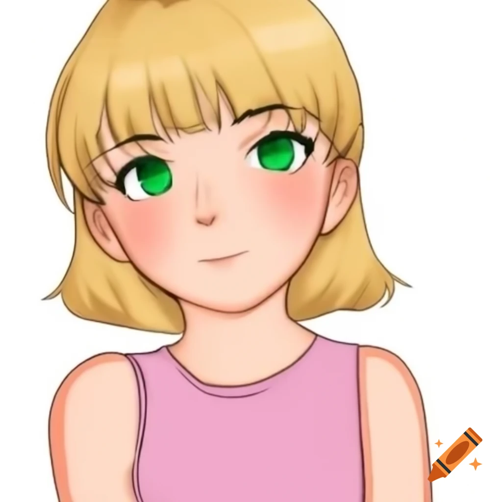 Anime character with blonde hair freckles and glasses wearing a blue