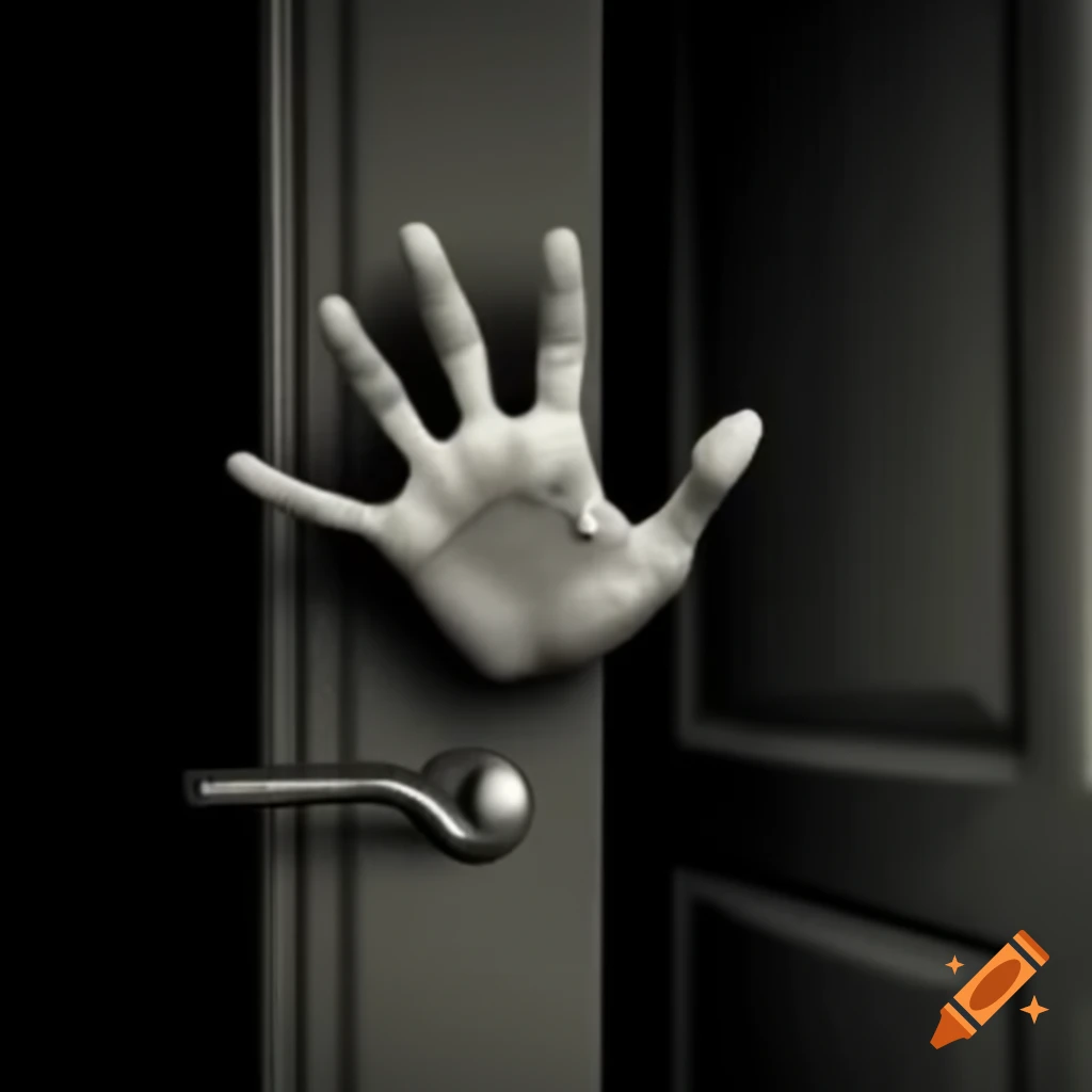 Door with human hand as handle, creepy design