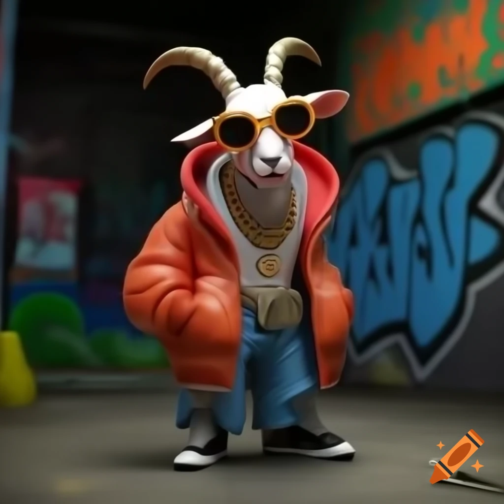 3D image of a stylish goat with human body dressed like hip-hop singer