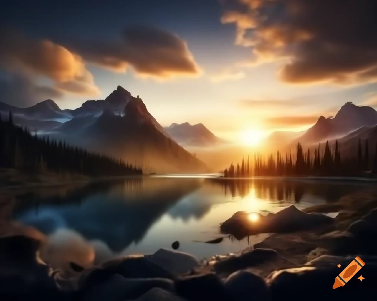 Photorealistic 3D render of mountain lake at sunset with sun rays and island