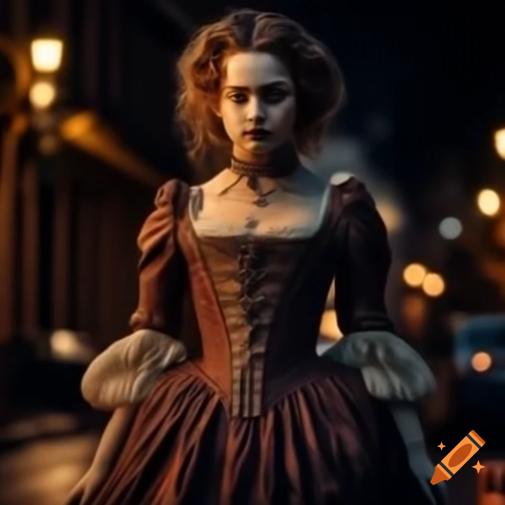 Victorian female ghost in evening dress walking in Copacabana under full moon